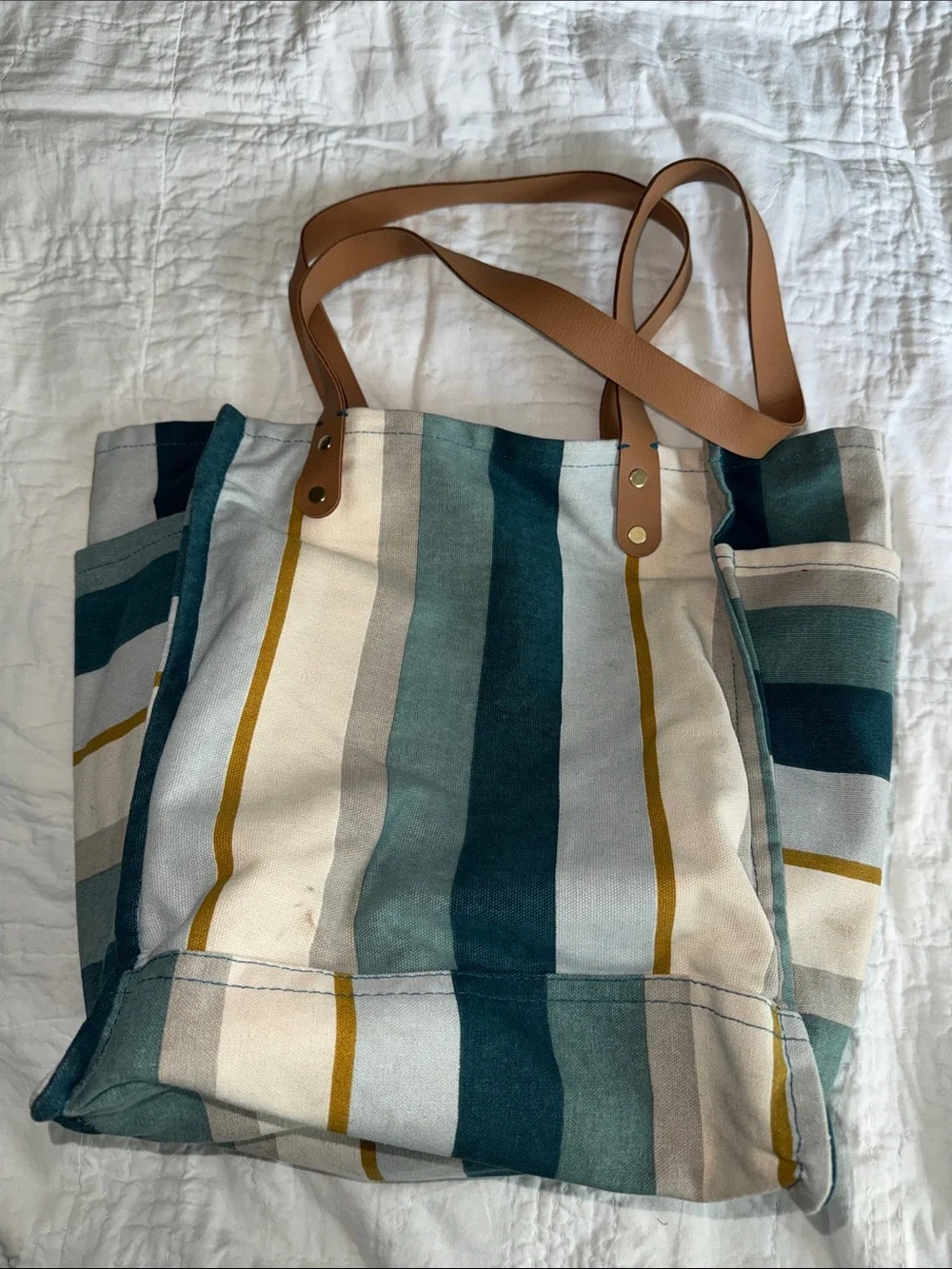 FEED Striped Canvas Tote in Teal, Cream & Mustard
